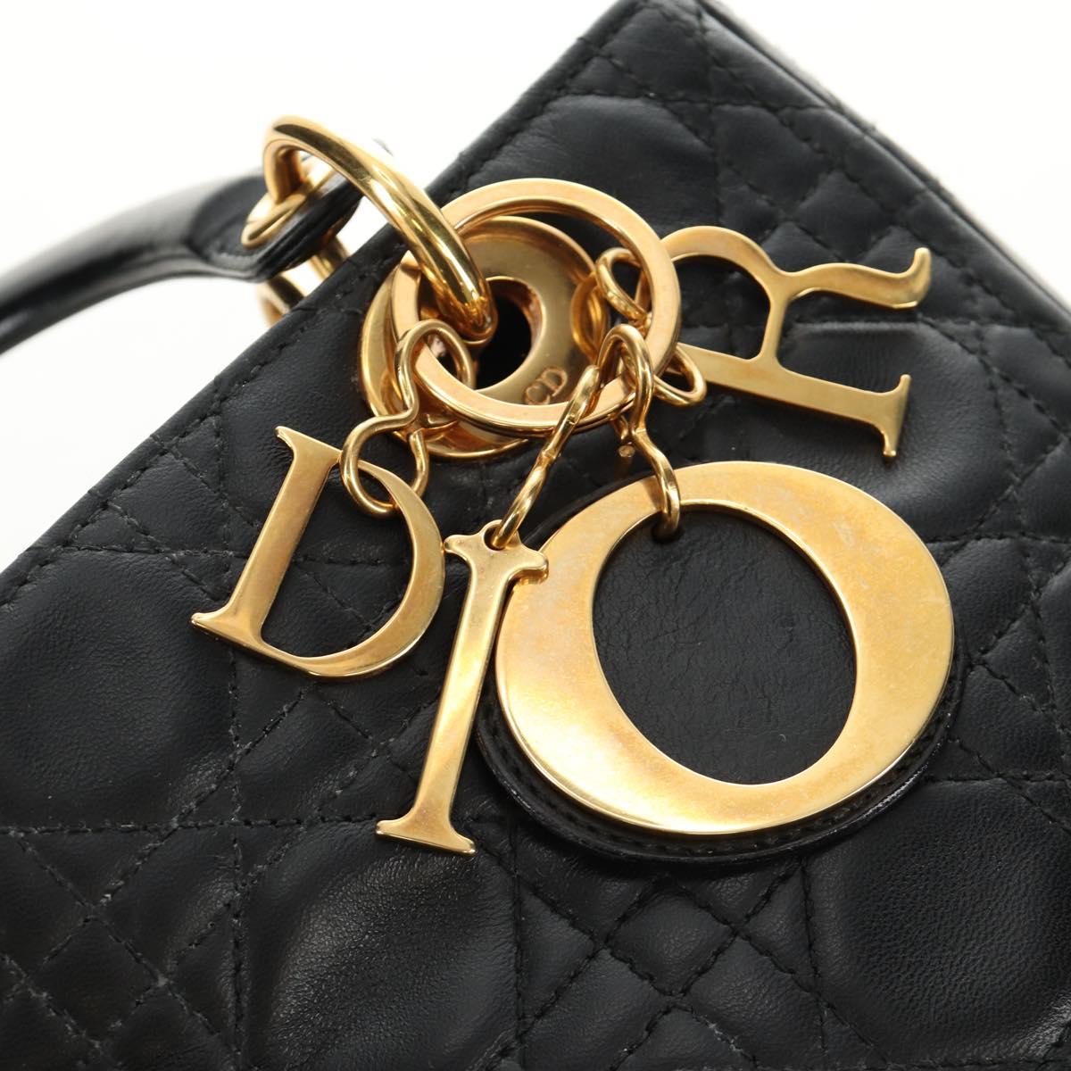 Christian Dior Canage Lady Dior Hand Bag Lamb Skin Black Gold Auth 185302M