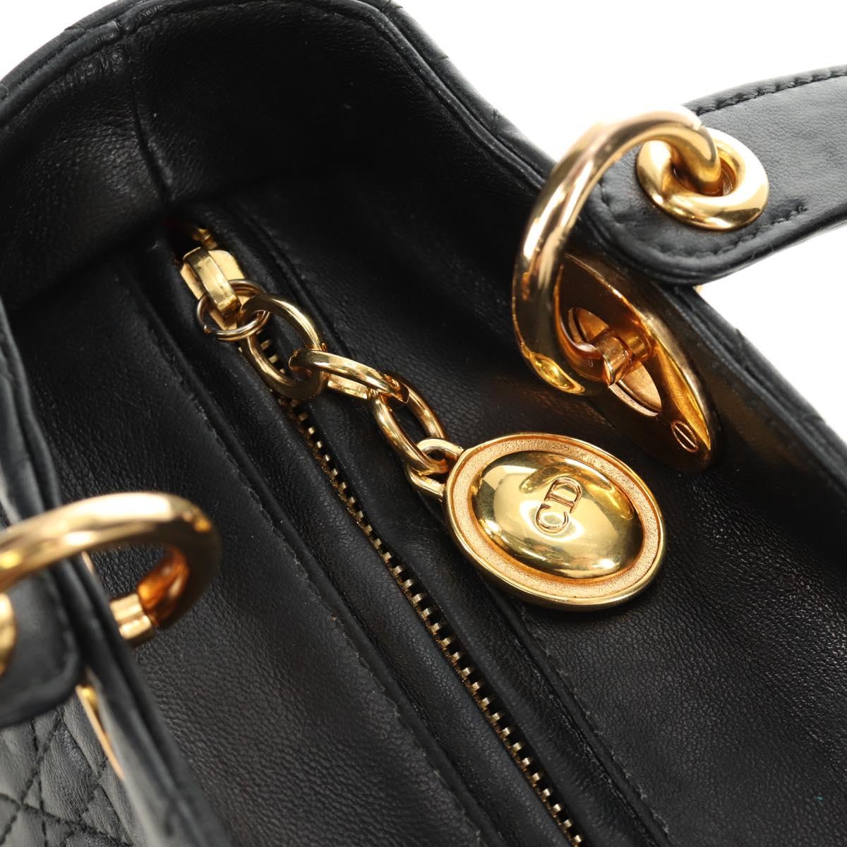 Christian Dior Canage Lady Dior Hand Bag Lamb Skin Black Gold Auth 185302M