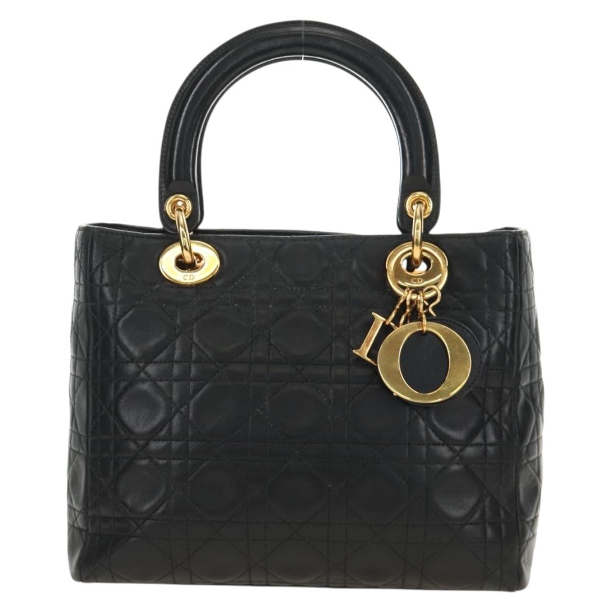 Christian Dior Canage Lady Dior Hand Bag Lamb Skin Black Gold Auth 185302M