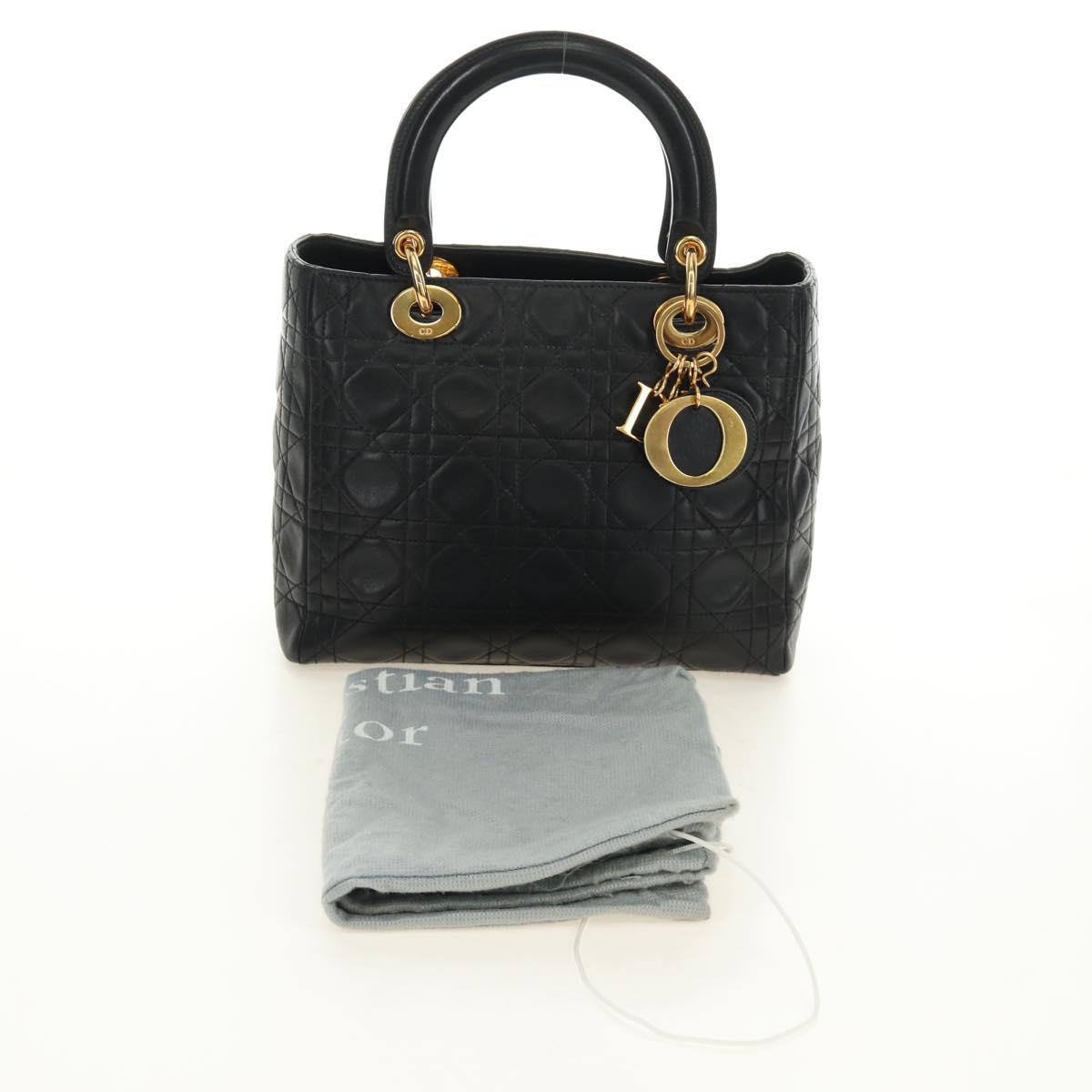 Christian Dior Canage Lady Dior Hand Bag Lamb Skin Black Gold Auth 185302M