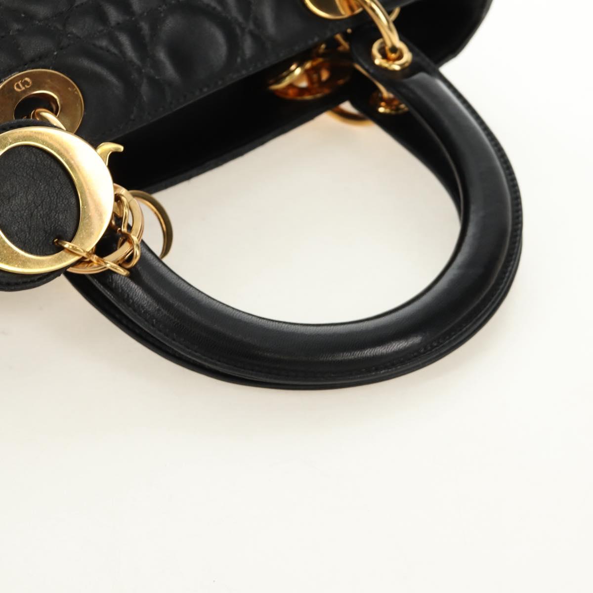 Christian Dior Canage Lady Dior Hand Bag Lamb Skin Black Gold Auth 185302M