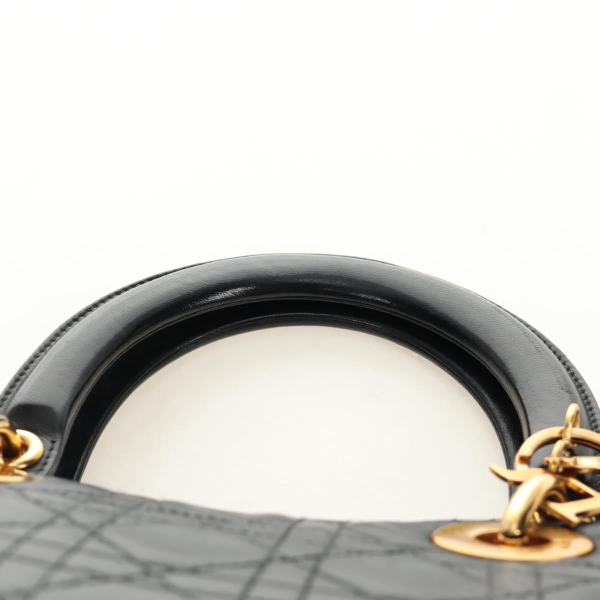 Christian Dior Canage Lady Dior Hand Bag Lamb Skin Black Gold Auth 185302M
