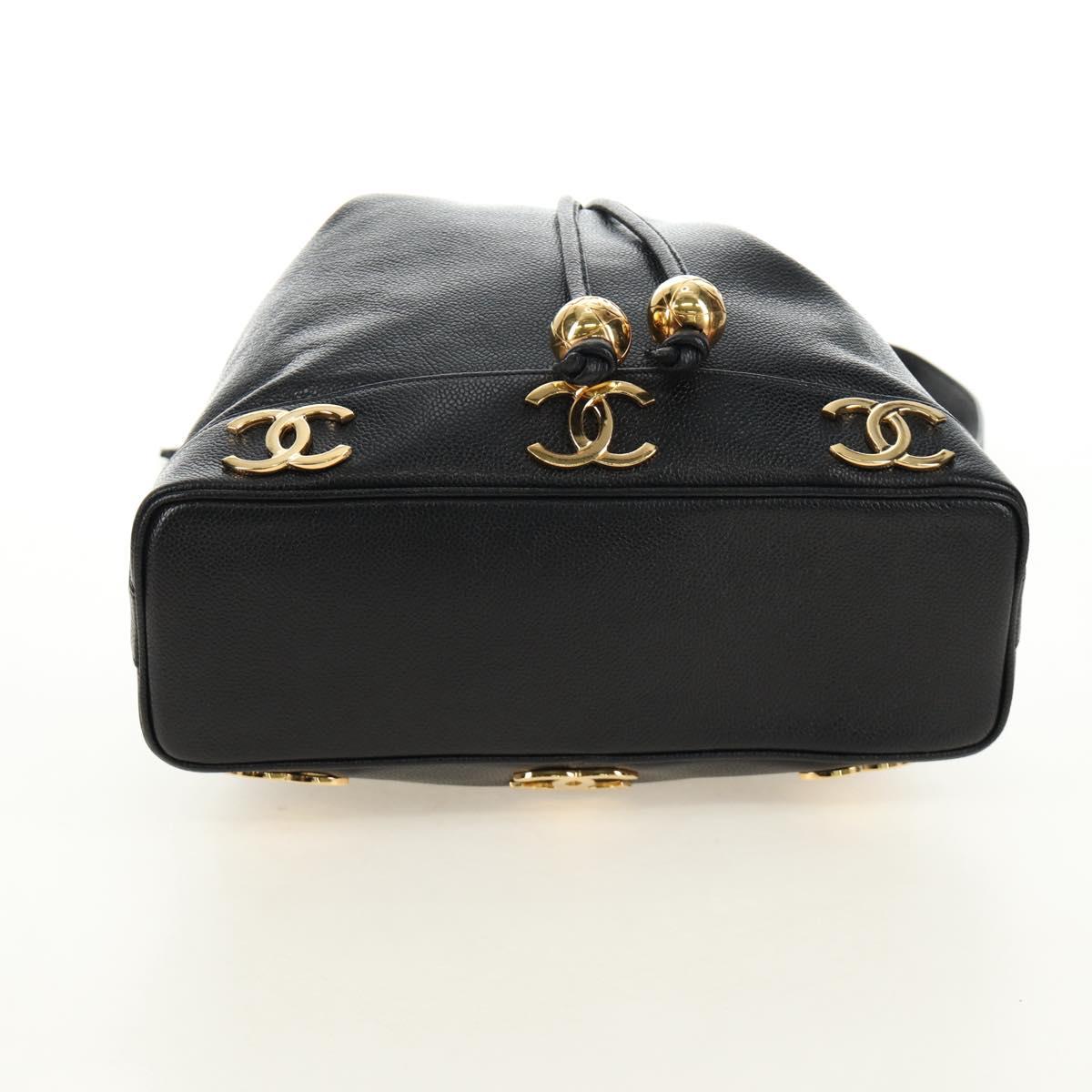 CHANEL Triple Coco Shoulder Bag Caviar Skin Black Gold CC Auth 185305SV