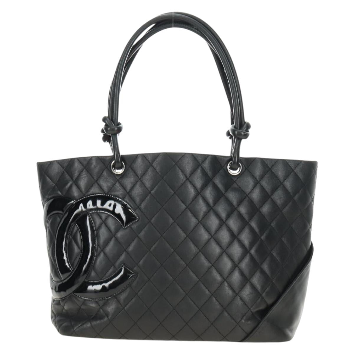 CHANEL Cambon Line Matelasse Tote Bag Leather Black Silver CC Auth 185306V
