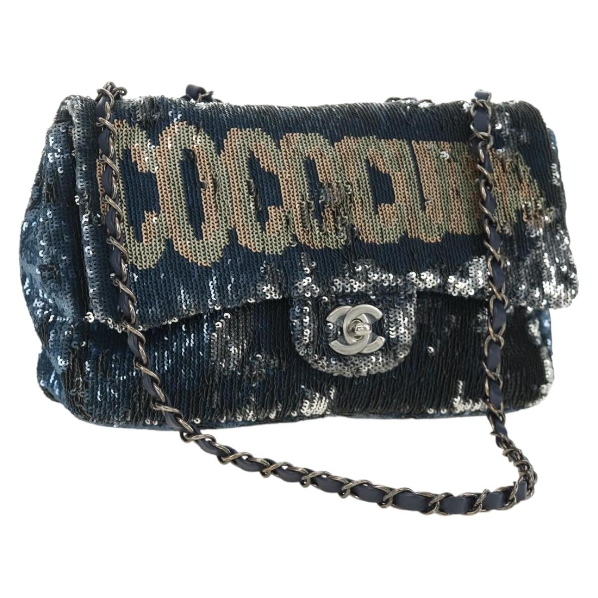 CHANEL Coco Cuba Chain Shoulder Bag Sequin Blue Silver CC Auth 185311SM