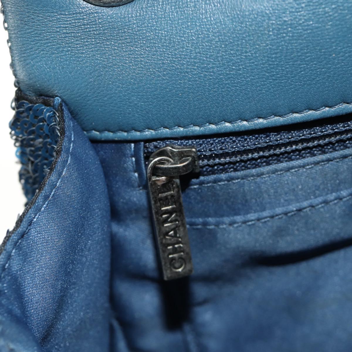 CHANEL Coco Cuba Chain Shoulder Bag Sequin Blue Silver CC Auth 185311SM