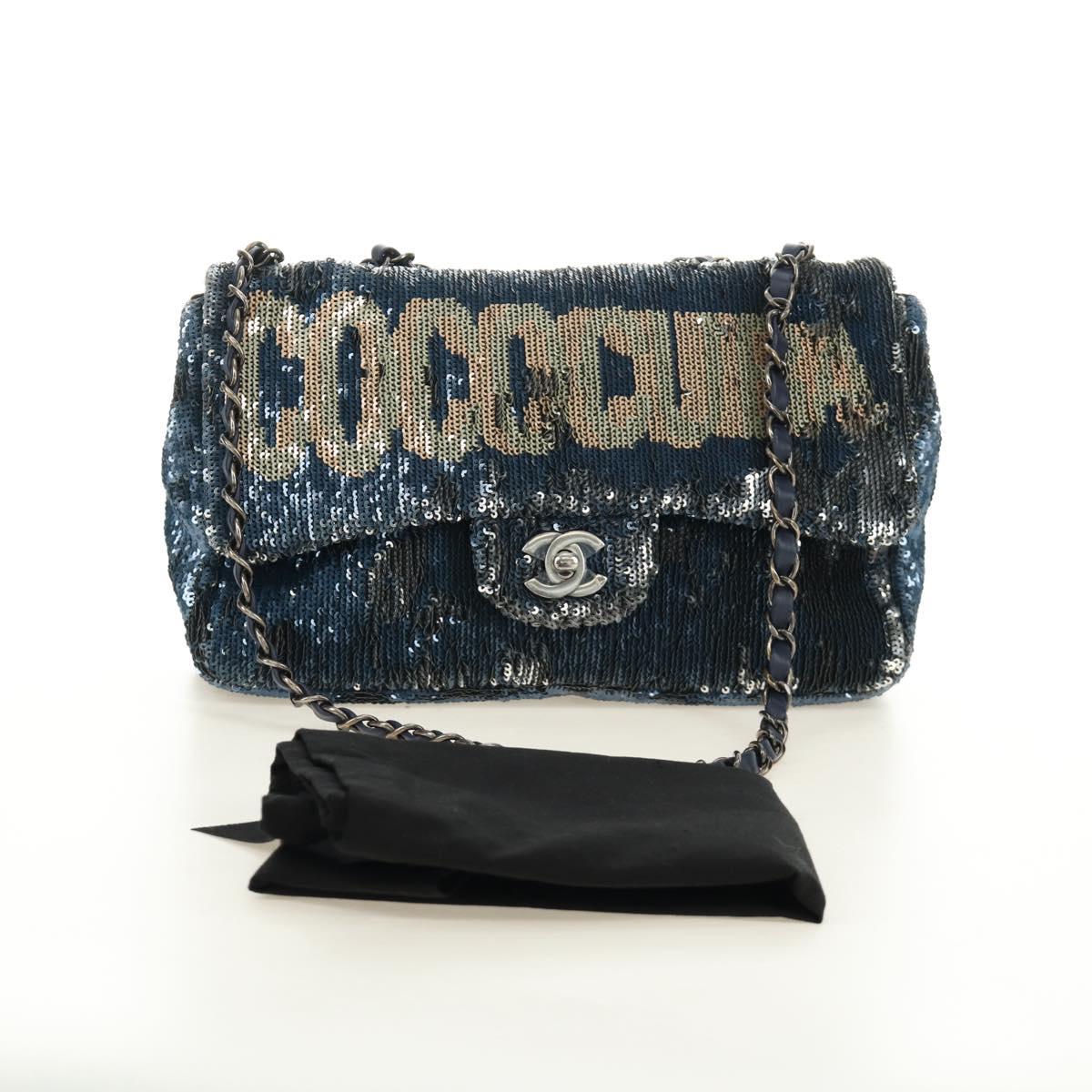 CHANEL Coco Cuba Chain Shoulder Bag Sequin Blue Silver CC Auth 185311SM