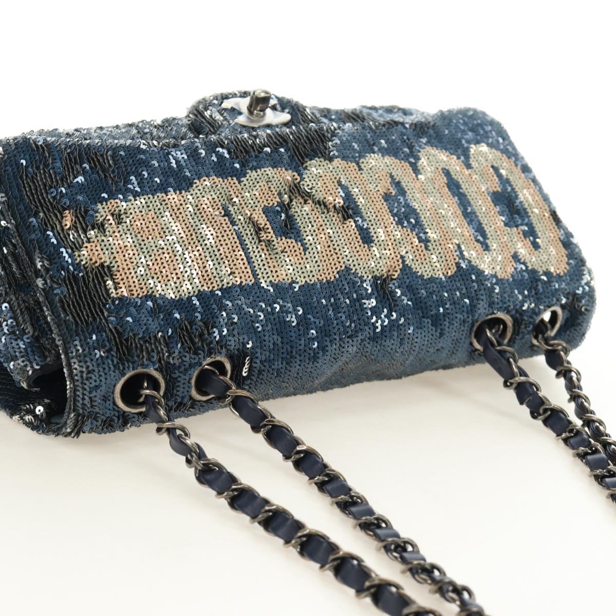 CHANEL Coco Cuba Chain Shoulder Bag Sequin Blue Silver CC Auth 185311SM