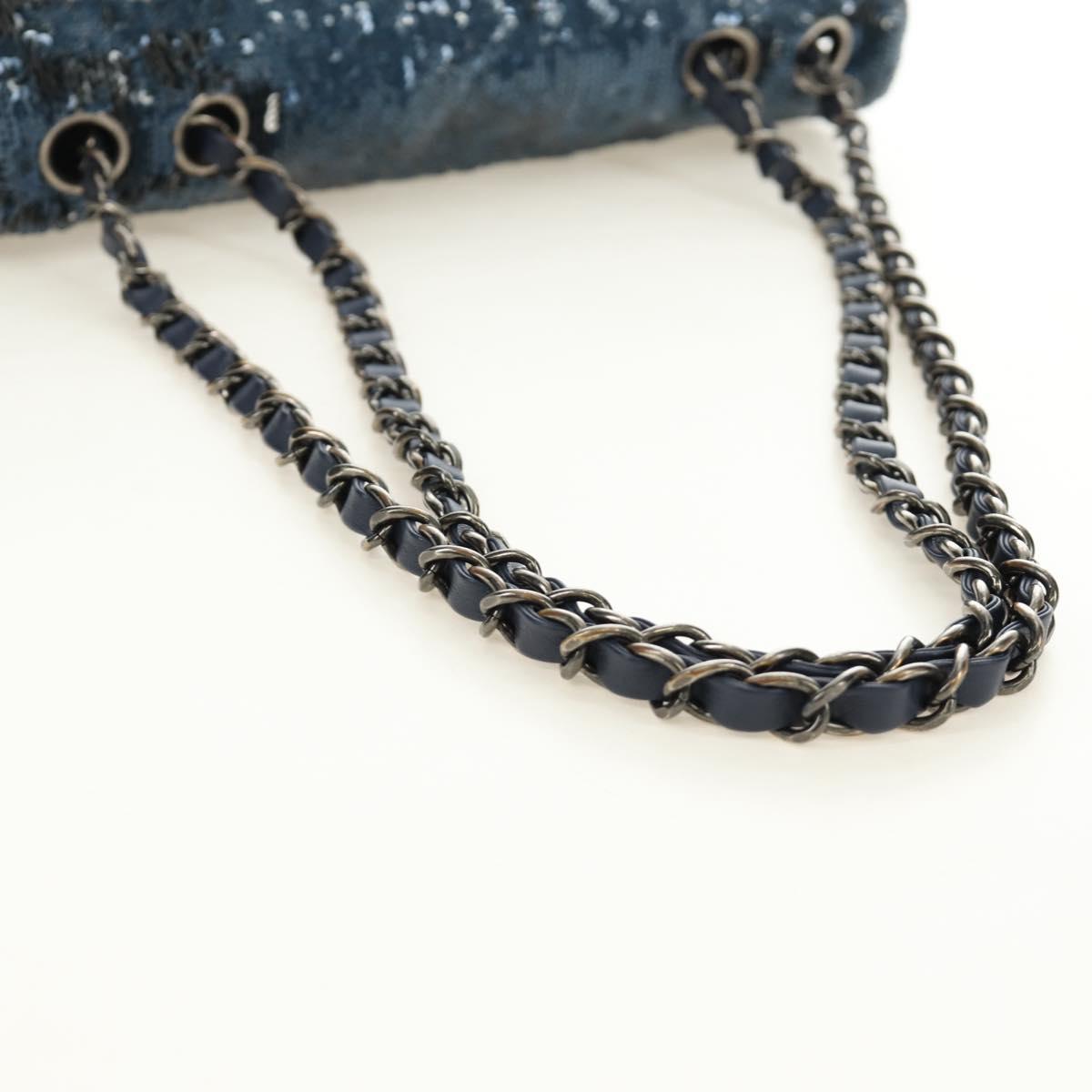CHANEL Coco Cuba Chain Shoulder Bag Sequin Blue Silver CC Auth 185311SM