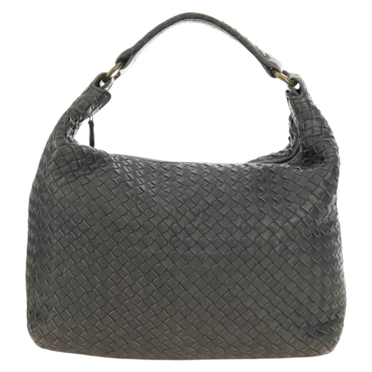 BOTTEGA VENETA INTRECCIATO Shoulder Bag Leather Gray Gold Auth 185312M
