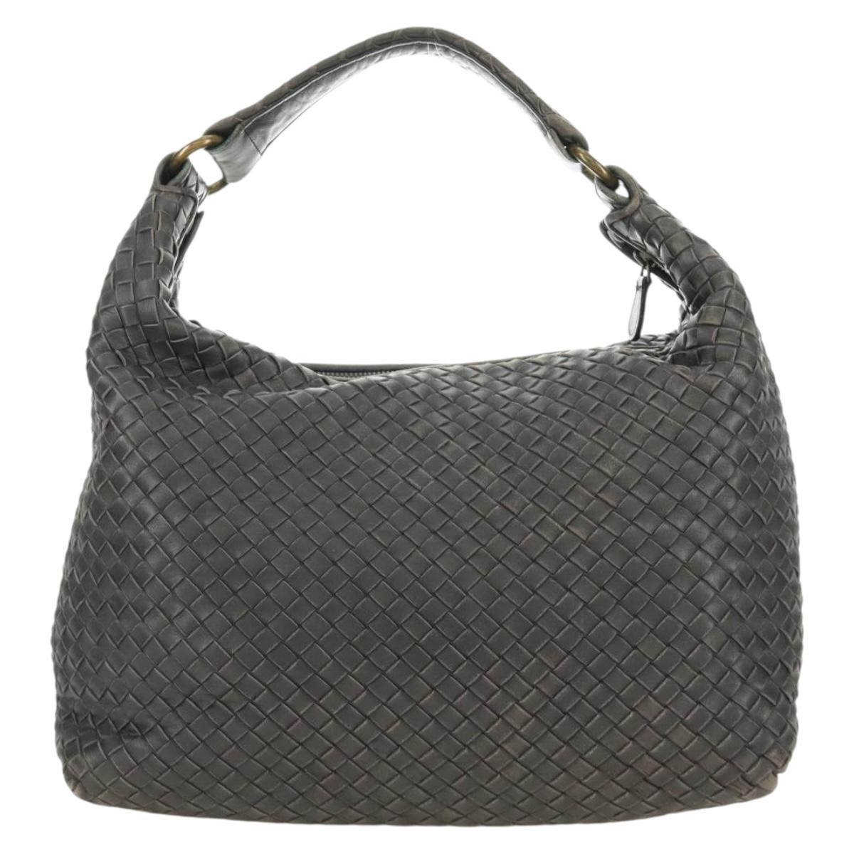 BOTTEGA VENETA INTRECCIATO Shoulder Bag Leather Gray Gold Auth 185312M