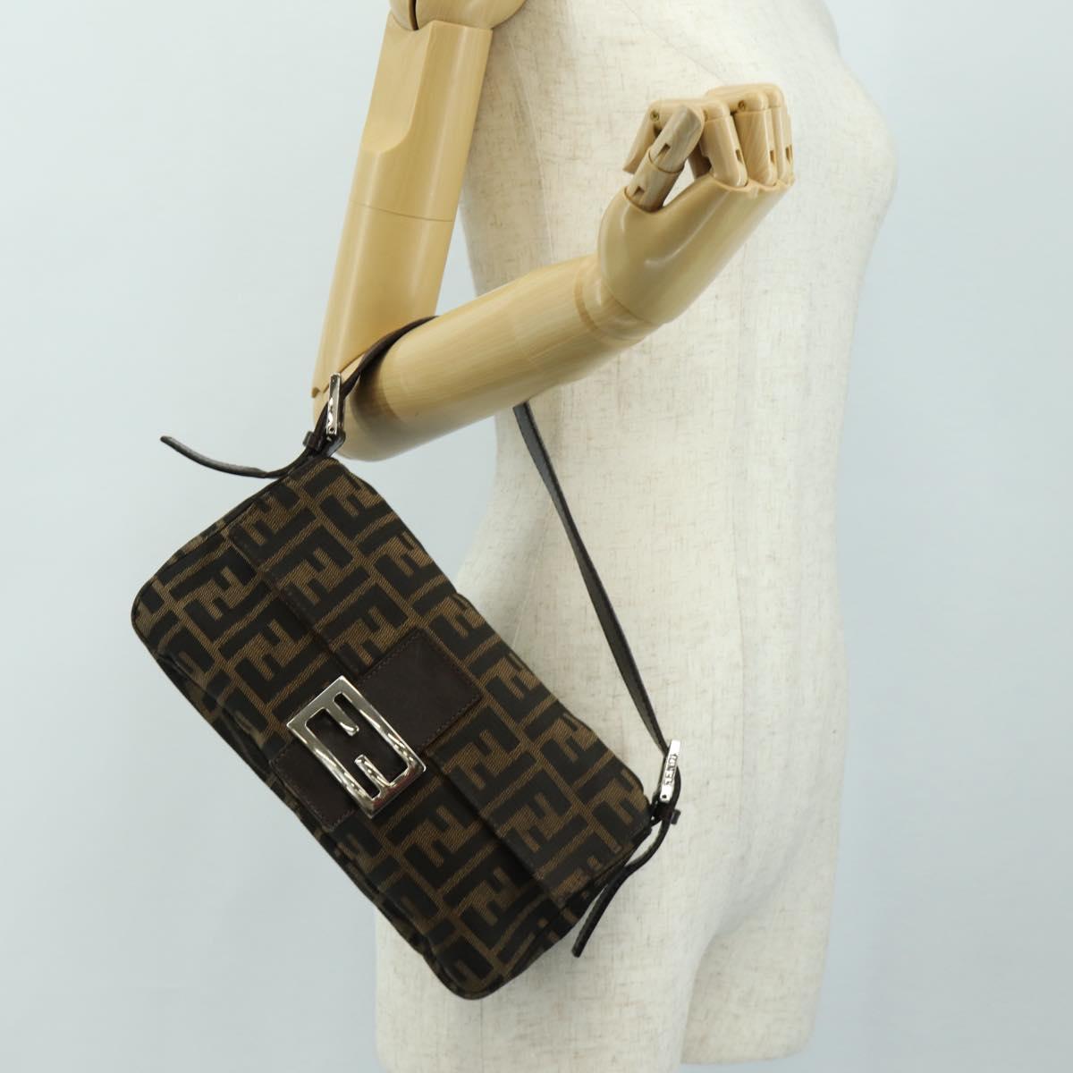 FENDI Zucca Canvas Mamma Baguette Shoulder Bag Black Brown Auth 185313M