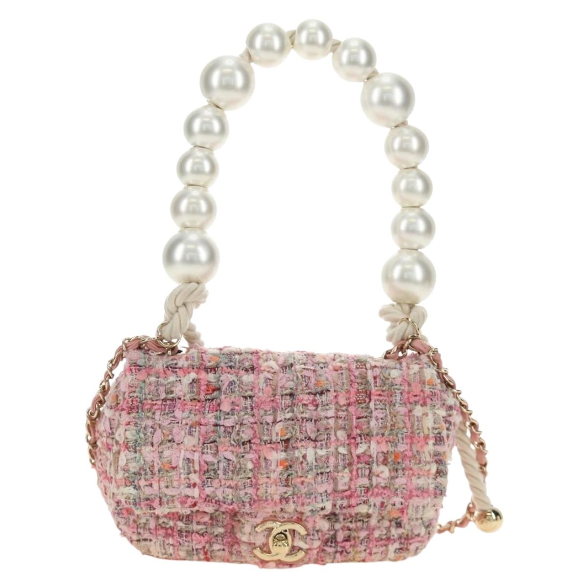CHANEL Chain Shoulder Bag Tweed 2way Pink Gold CC Auth 185316M