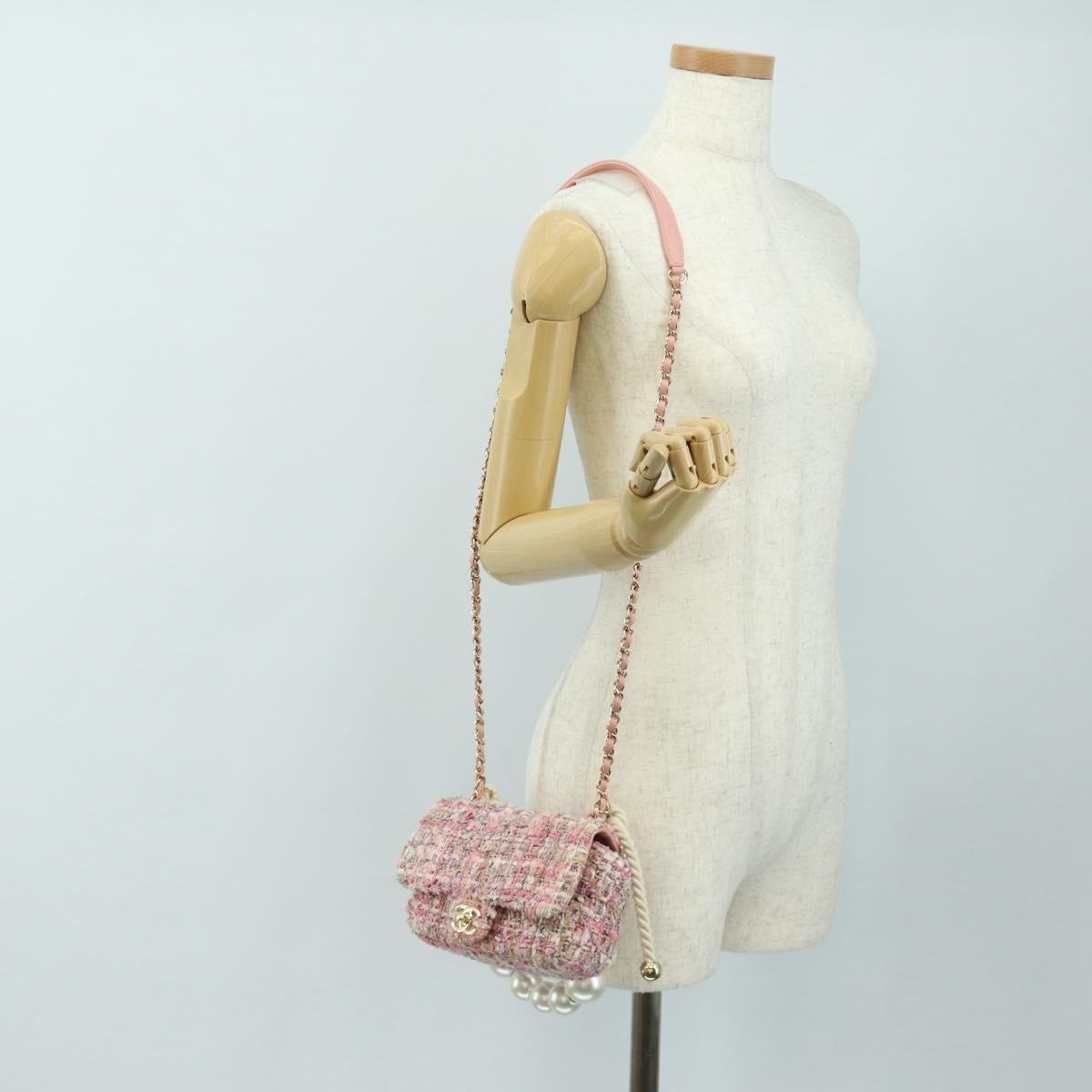 CHANEL Chain Shoulder Bag Tweed 2way Pink Gold CC Auth 185316M