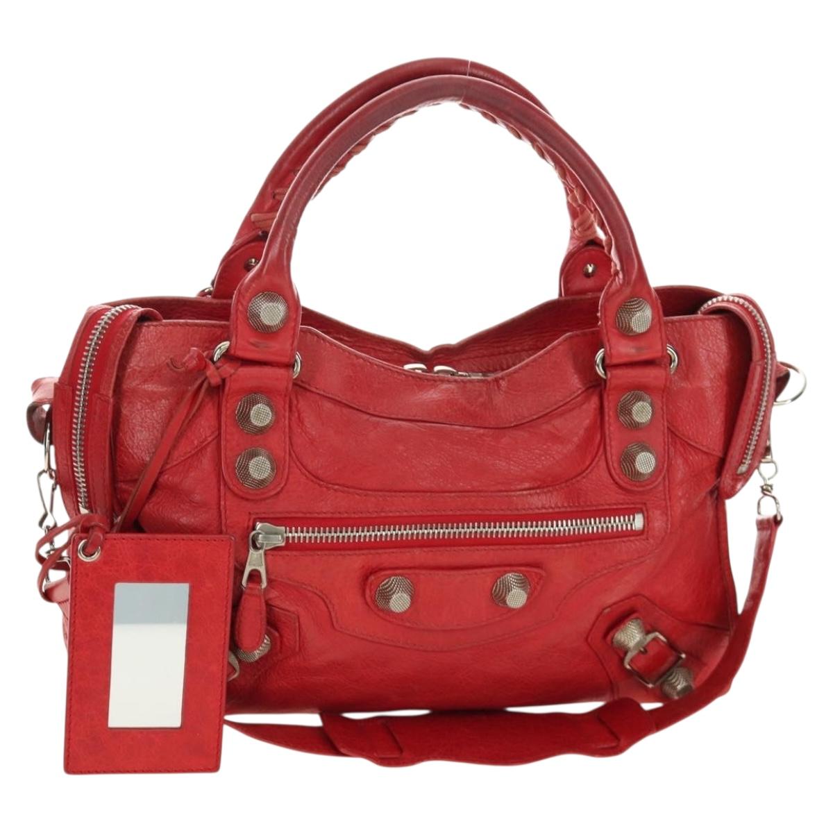 BALENCIAGA The Giant City Hand Bag Leather 2way Red Silver 173084 Auth 185342M