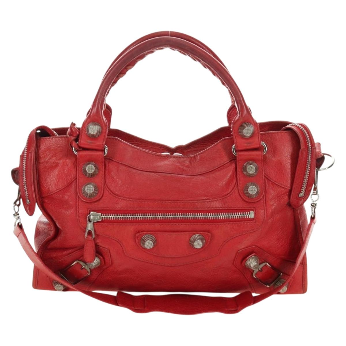 BALENCIAGA The Giant City Hand Bag Leather 2way Red Silver 173084 Auth 185342M