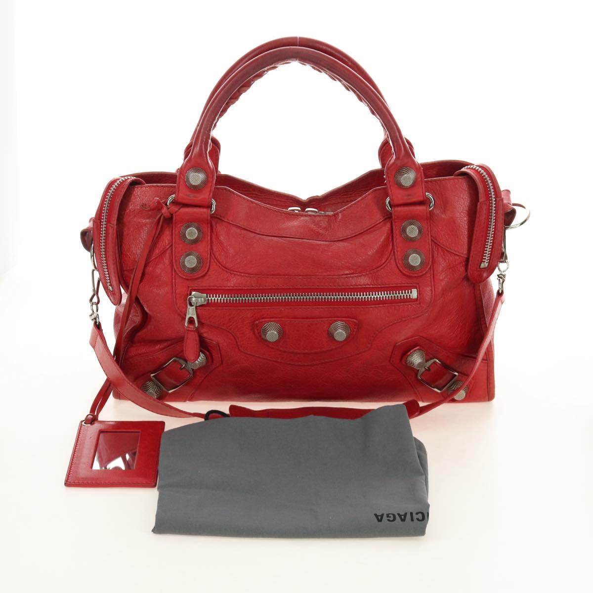 BALENCIAGA The Giant City Hand Bag Leather 2way Red Silver 173084 Auth 185342M