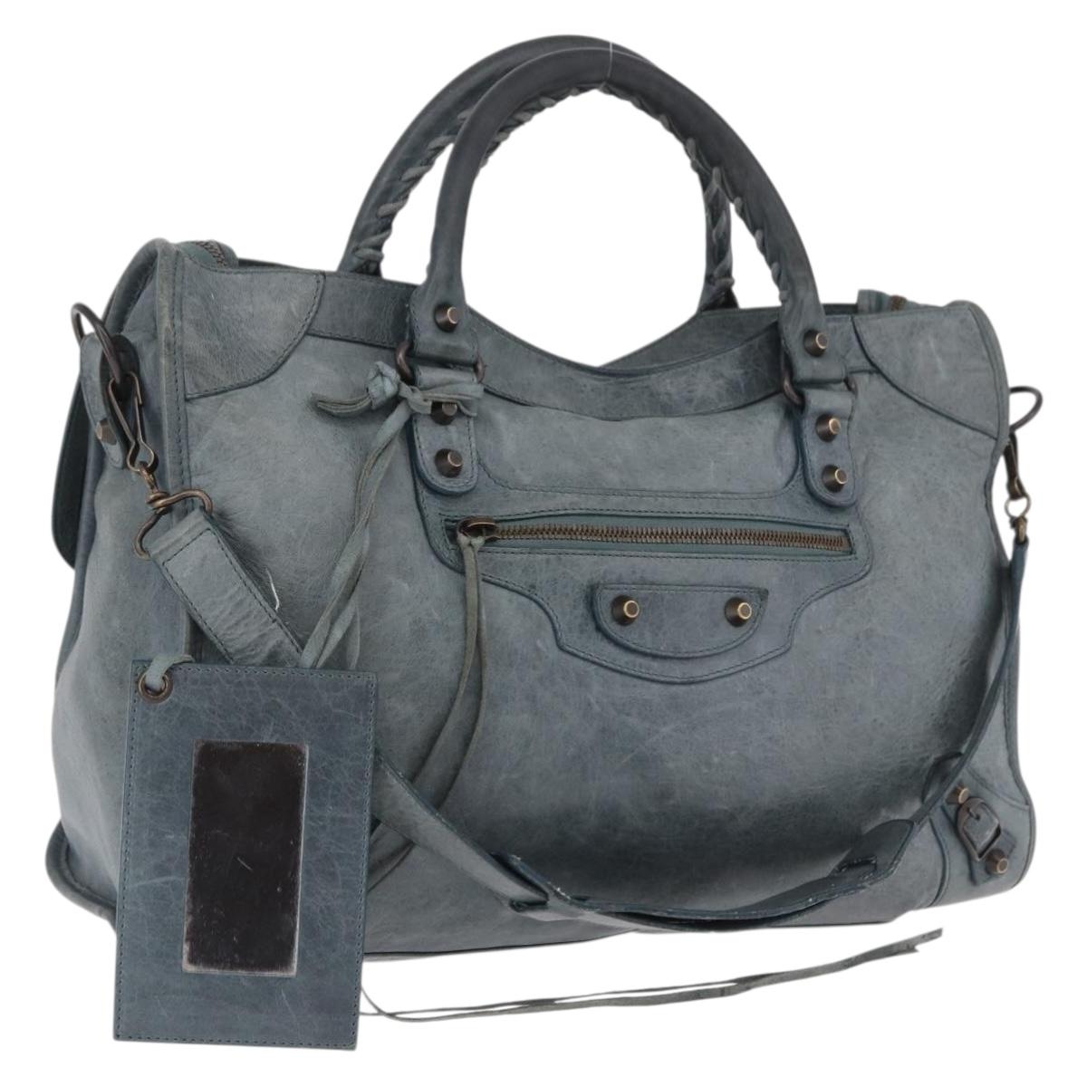BALENCIAGA The City Bag Leather 2way Light Blue Gold Silver 115748 Auth 185367V