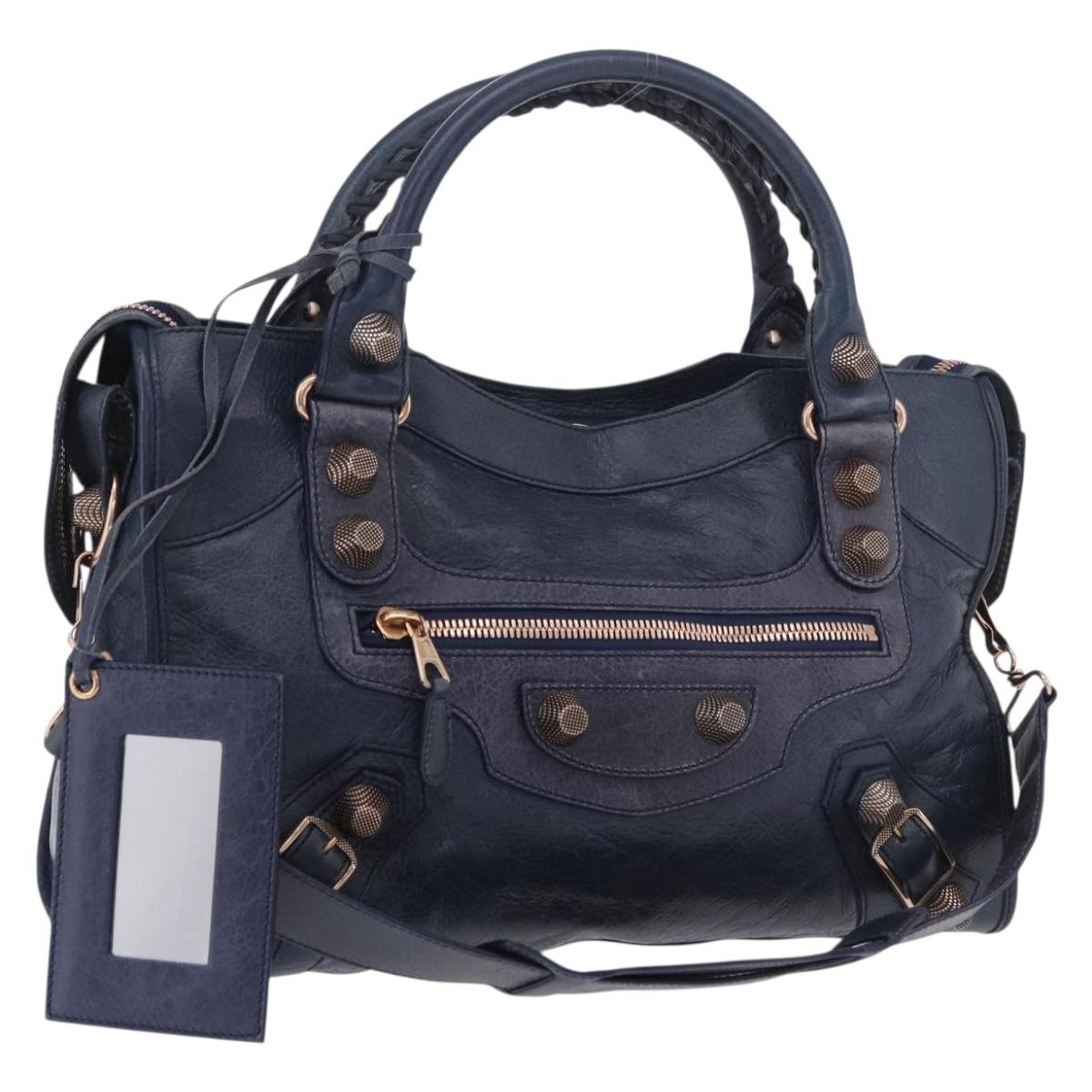 BALENCIAGA The Giant City Hand Bag Leather 2way Navy Gold 173084 Auth 185368SAM