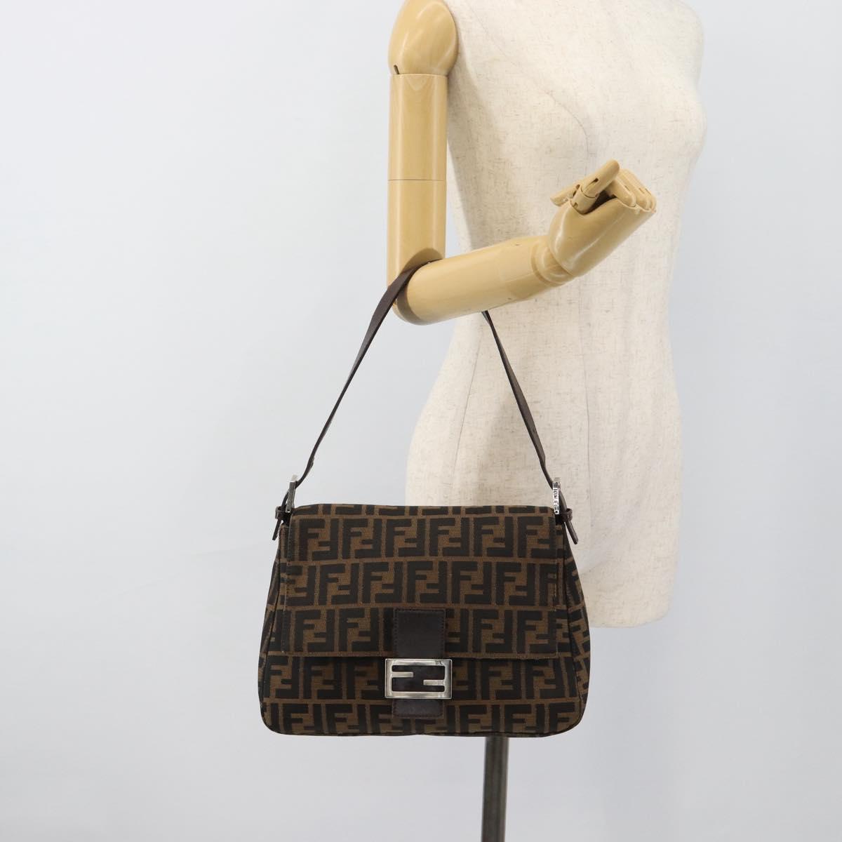 FENDI Zucca Canvas Mamma Baguette Shoulder Bag Black Brown Auth 185374V