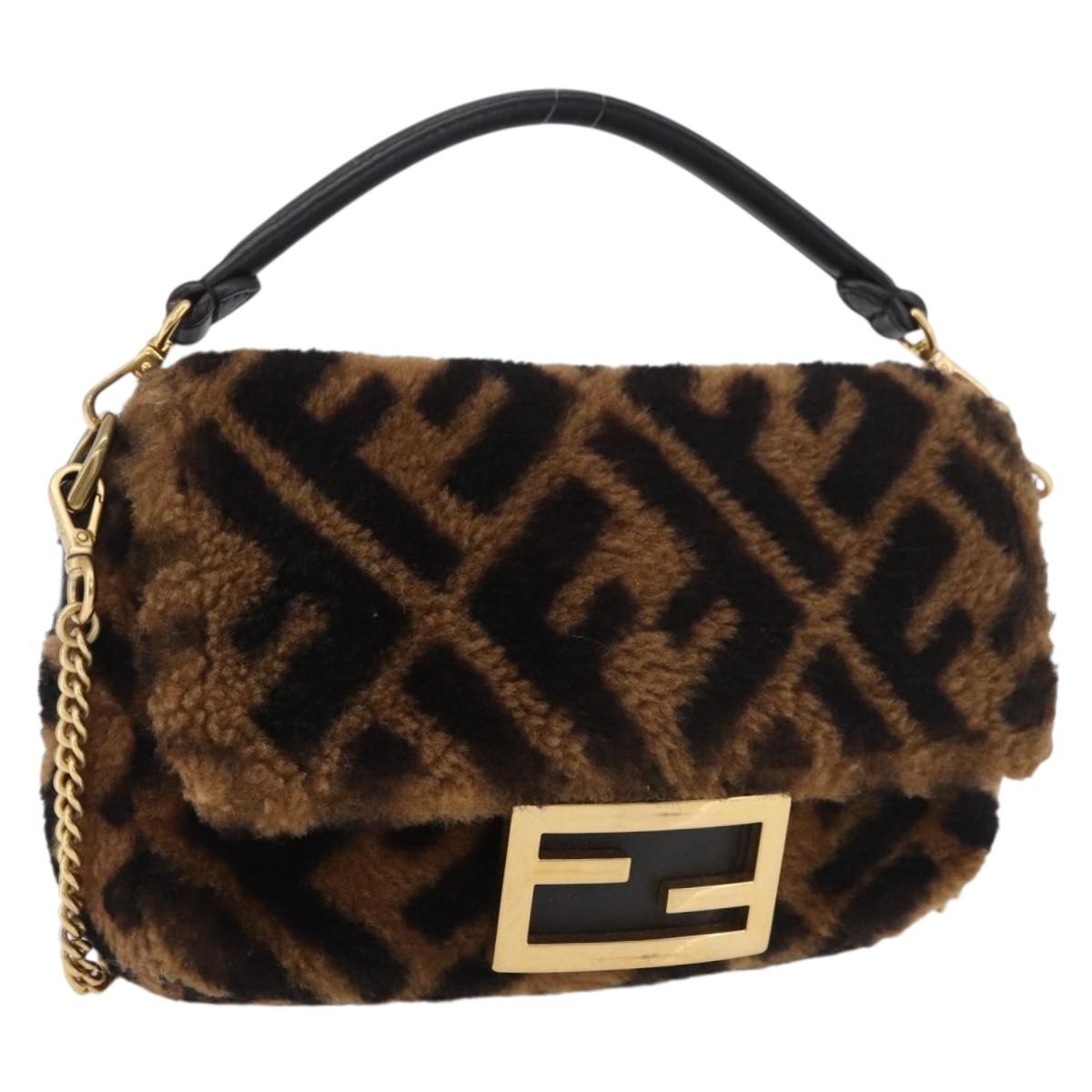 FENDI Zucca Canvas Chain Mamma Baguette Bag Mouton 2way Black Brown Auth 185375M