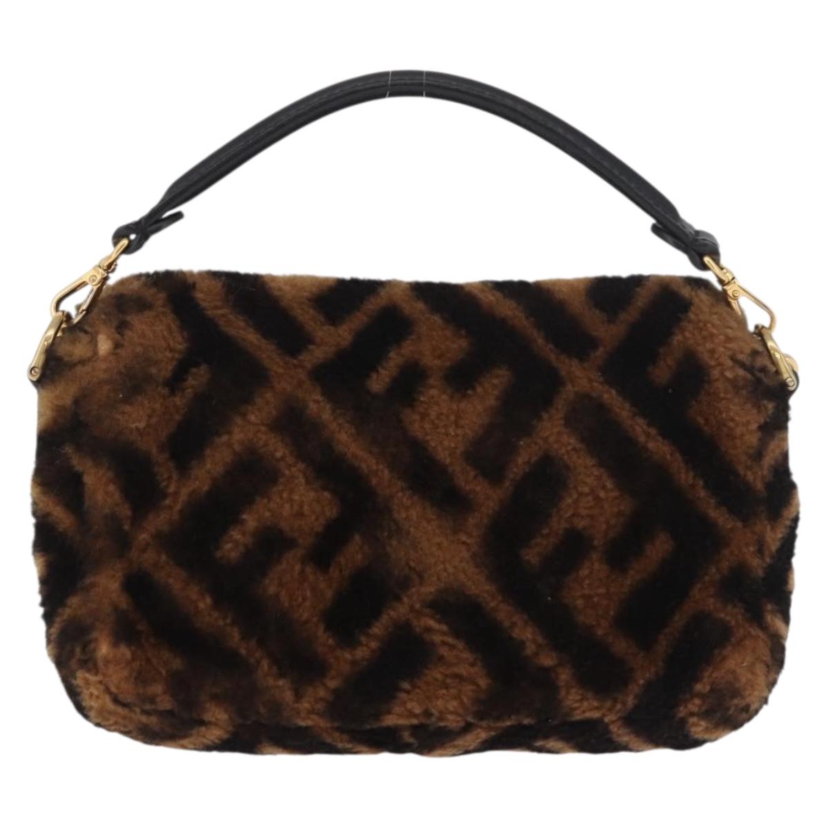 FENDI Zucca Canvas Chain Mamma Baguette Bag Mouton 2way Black Brown Auth 185375M