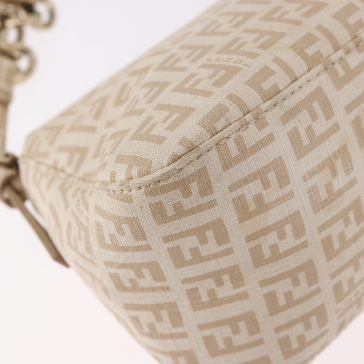 FENDI Zucchino Canvas Chain Mamma Baguette Bag PVC Beige Gold Auth 185376M