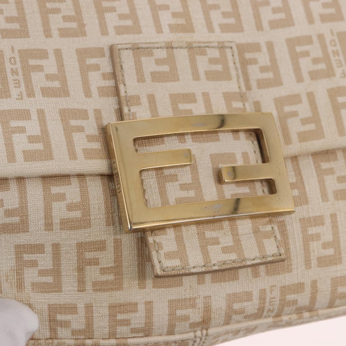 FENDI Zucchino Canvas Chain Mamma Baguette Bag PVC Beige Gold Auth 185376M