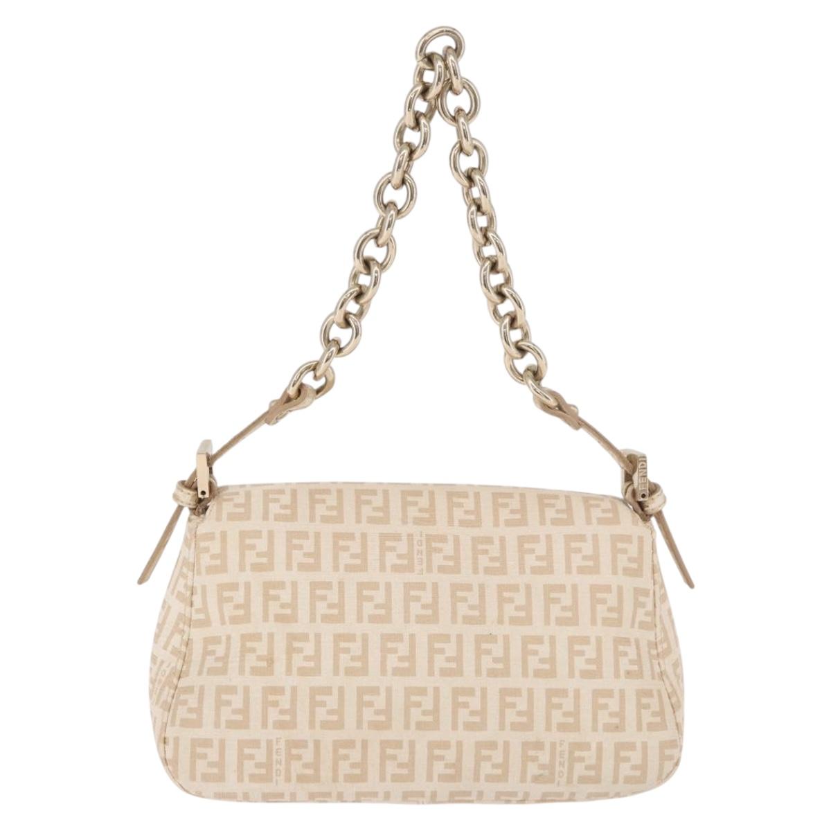 FENDI Zucchino Canvas Chain Mamma Baguette Bag PVC Beige Gold Auth 185376M