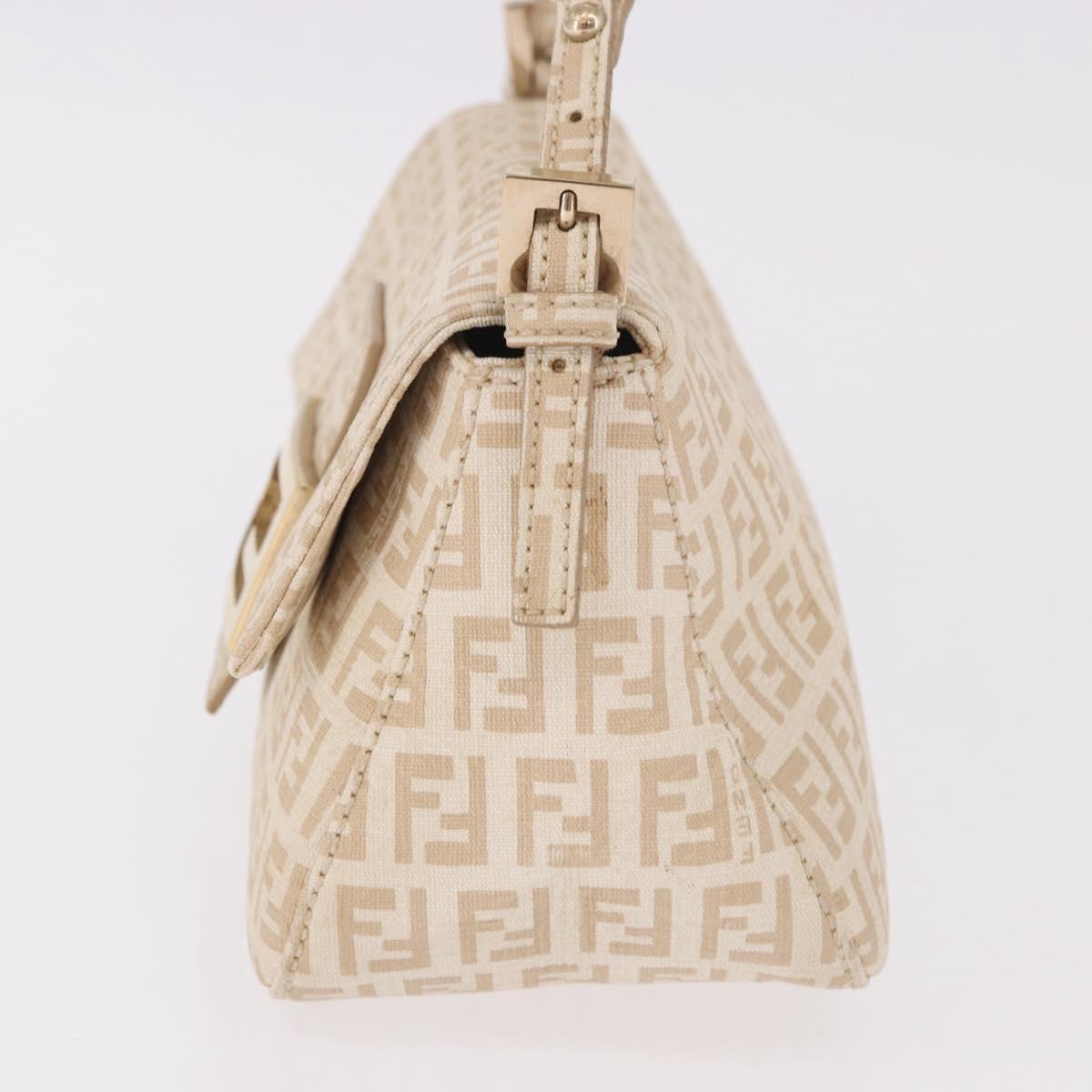 FENDI Zucchino Canvas Chain Mamma Baguette Bag PVC Beige Gold Auth 185376M