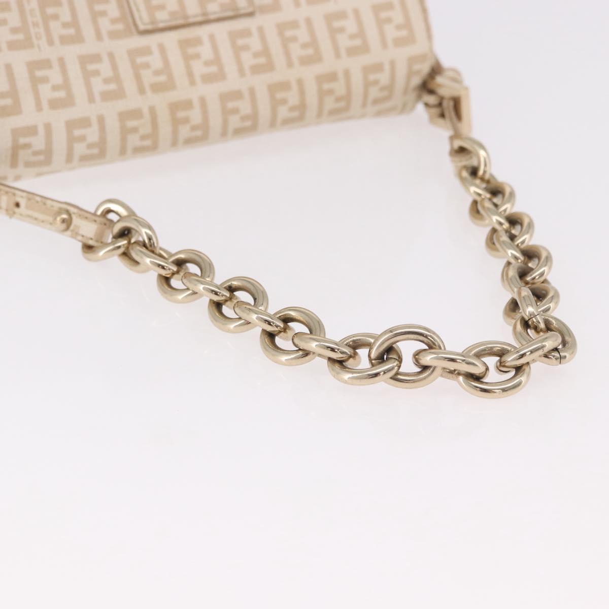 FENDI Zucchino Canvas Chain Mamma Baguette Bag PVC Beige Gold Auth 185376M