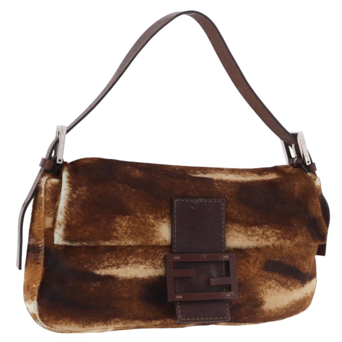FENDI Mamma Baguette Shoulder Bag Harako Leather Brown Silver Auth 185377V