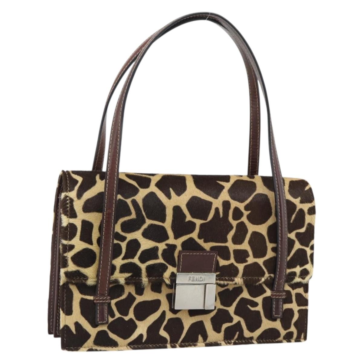 FENDI Hand Bag Harako Leather Brown Silver Auth 185379