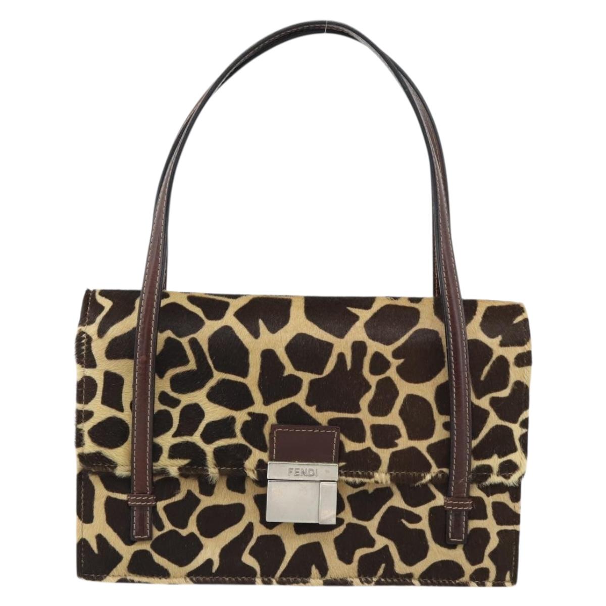 FENDI Hand Bag Harako Leather Brown Silver Auth 185379