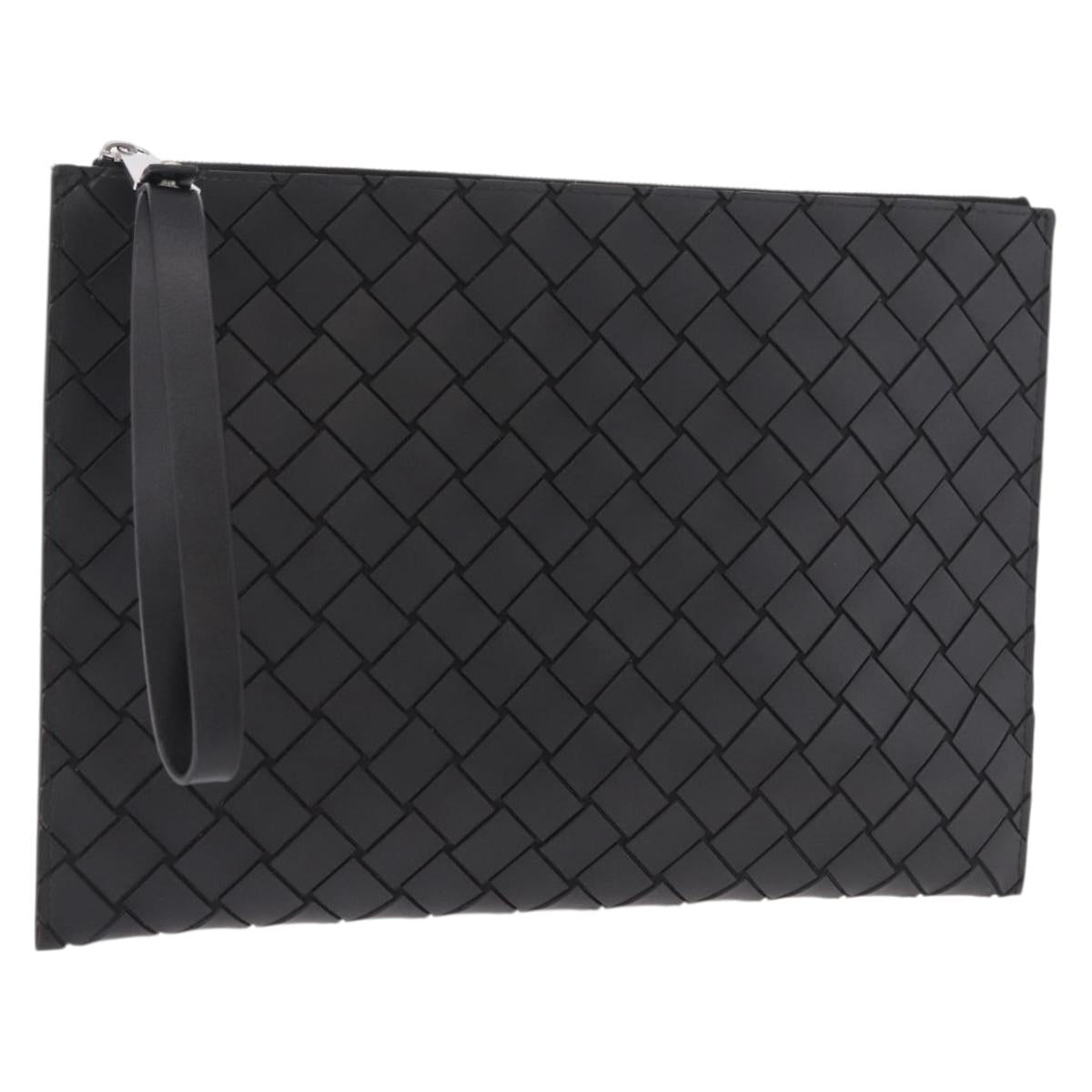 BOTTEGA VENETA INTRECCIATO Clutch Bag Leather Black Silver Auth 185381M