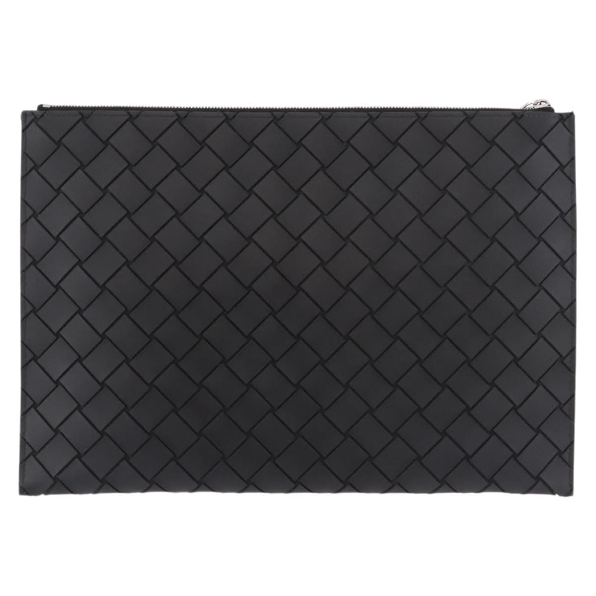 BOTTEGA VENETA INTRECCIATO Clutch Bag Leather Black Silver Auth 185381M