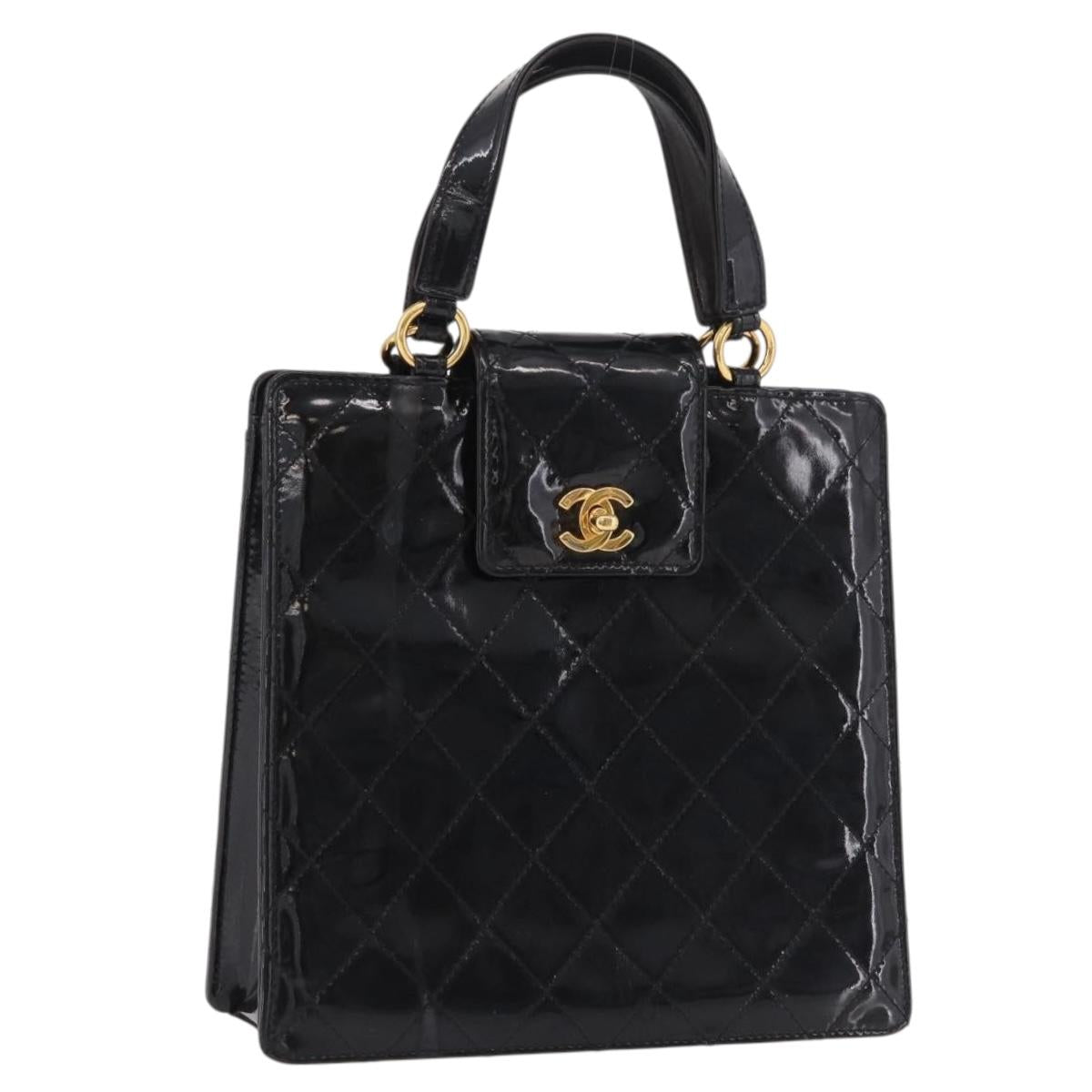 CHANEL Matelasse Hand Bag Patent leather Black Gold CC Auth 185385A