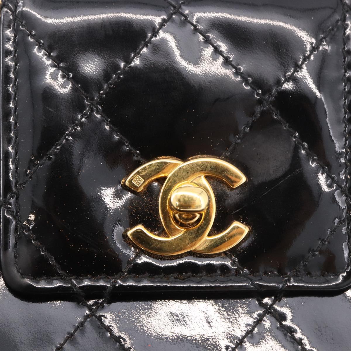 CHANEL Matelasse Hand Bag Patent leather Black Gold CC Auth 185385A