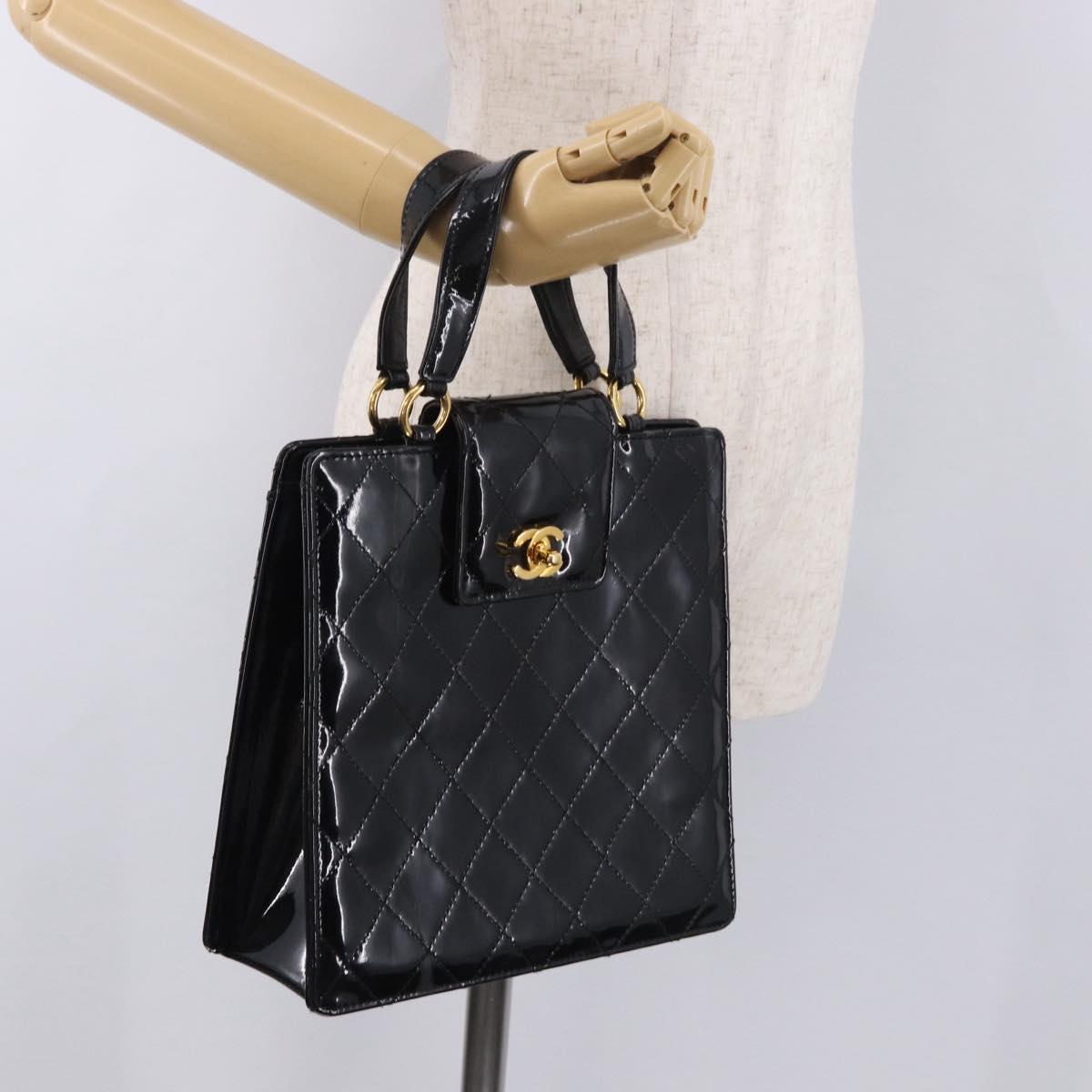 CHANEL Matelasse Hand Bag Patent leather Black Gold CC Auth 185385A