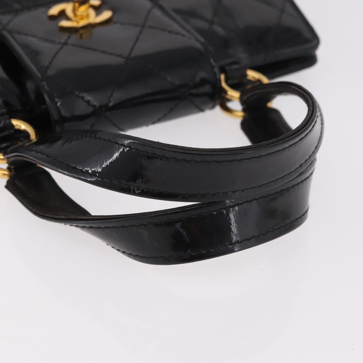 CHANEL Matelasse Hand Bag Patent leather Black Gold CC Auth 185385A