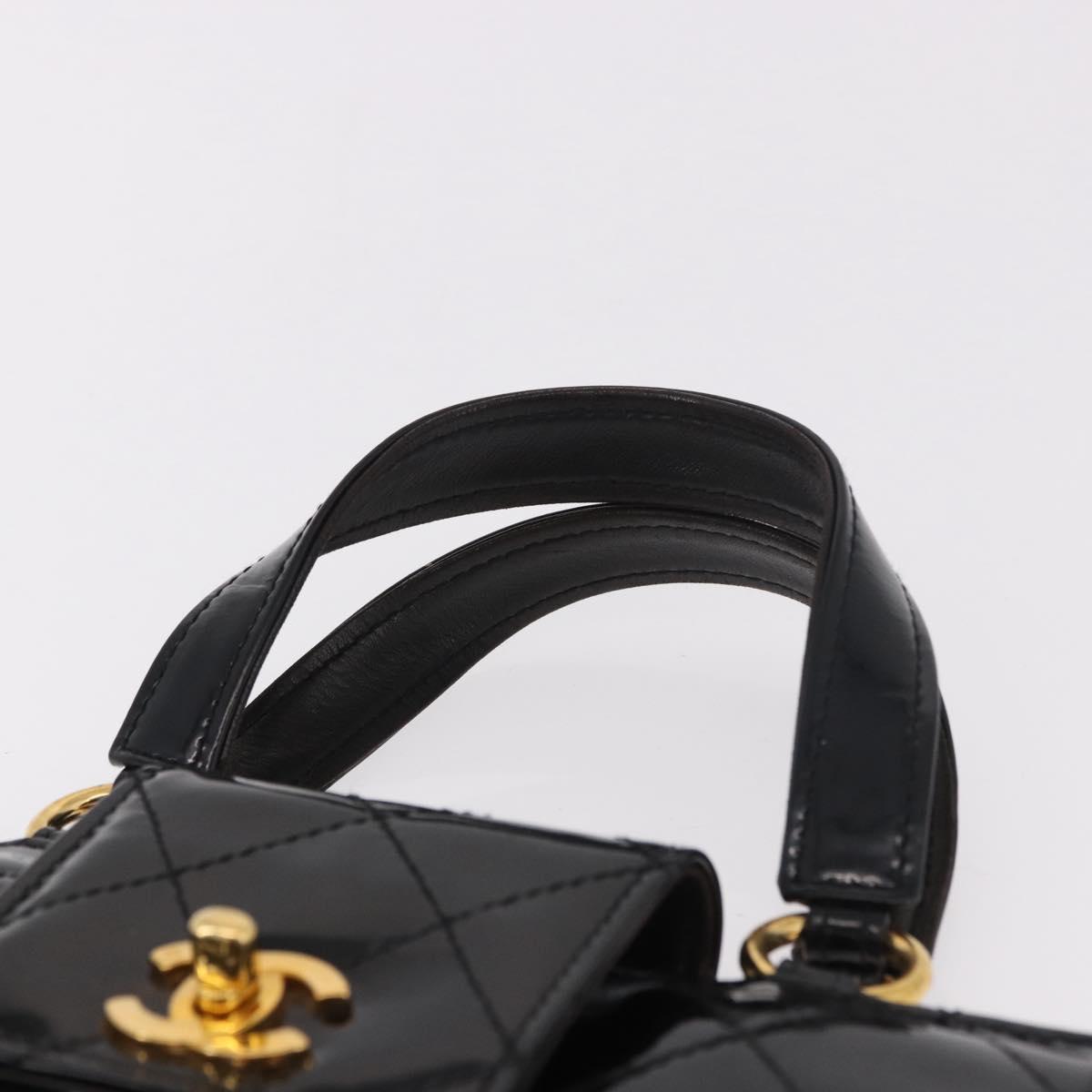 CHANEL Matelasse Hand Bag Patent leather Black Gold CC Auth 185385A