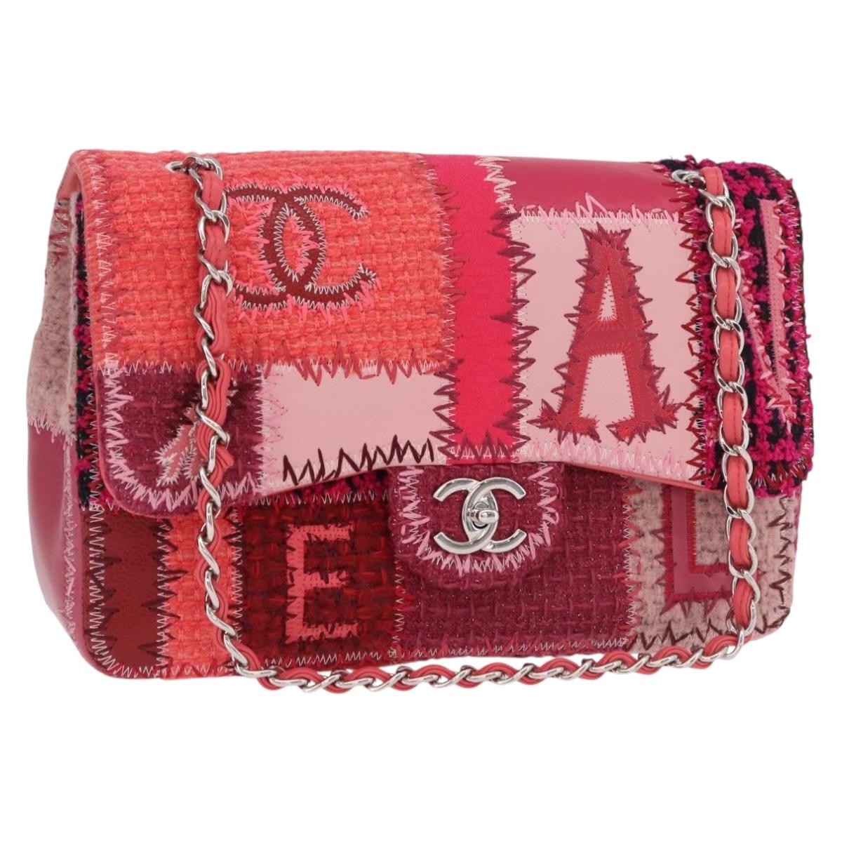 CHANEL Chain Patchwork Shoulder Bag Tweed Pink Silver CC Auth 185387SM