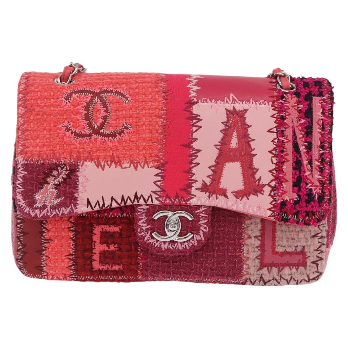 CHANEL Chain Patchwork Shoulder Bag Tweed Pink Silver CC Auth 185387SM
