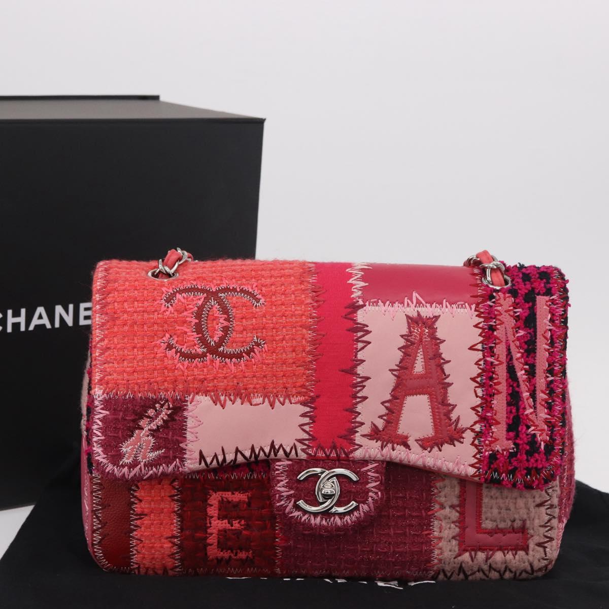CHANEL Chain Patchwork Shoulder Bag Tweed Pink Silver CC Auth 185387SM