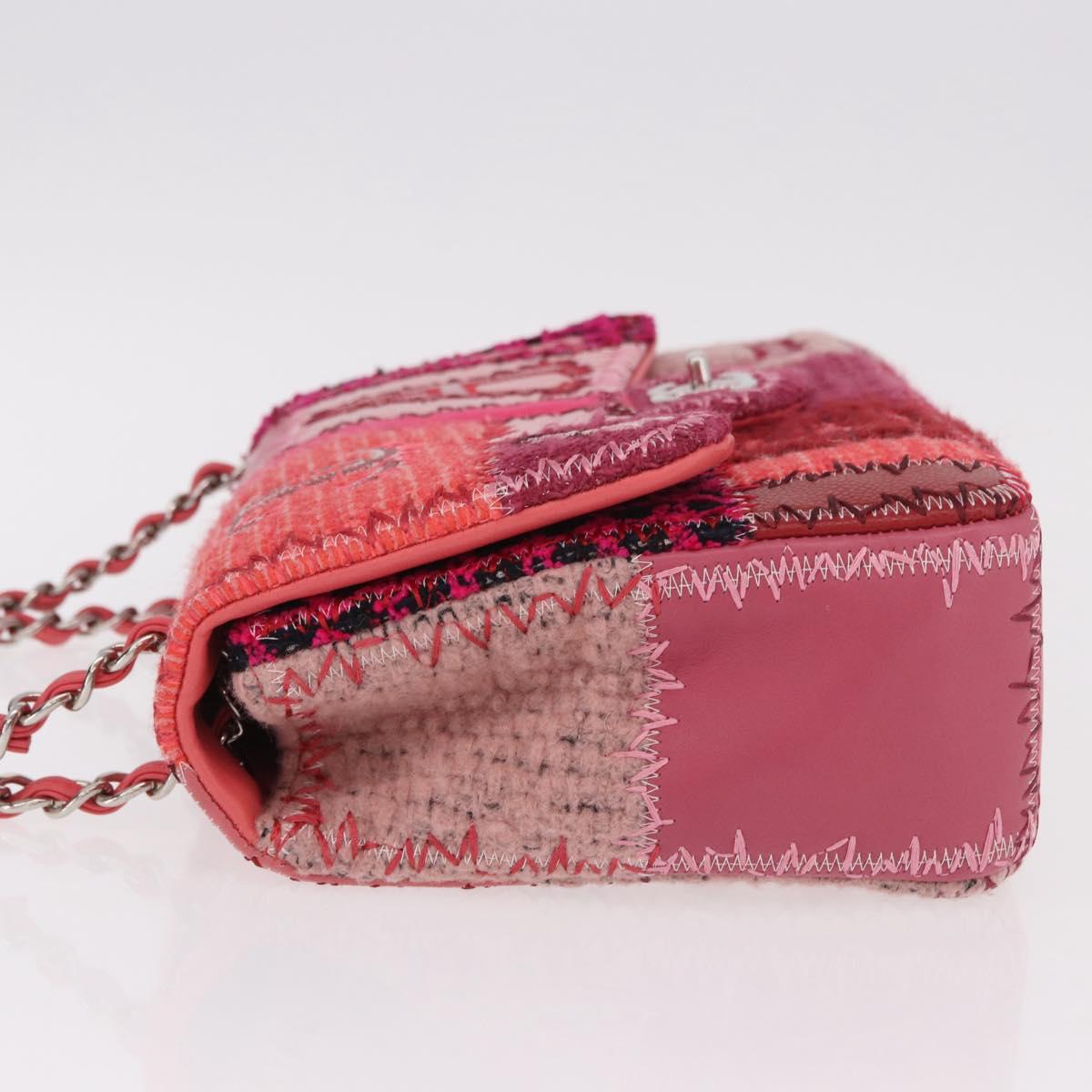 CHANEL Chain Patchwork Shoulder Bag Tweed Pink Silver CC Auth 185387SM