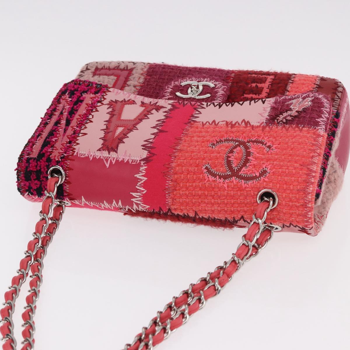 CHANEL Chain Patchwork Shoulder Bag Tweed Pink Silver CC Auth 185387SM