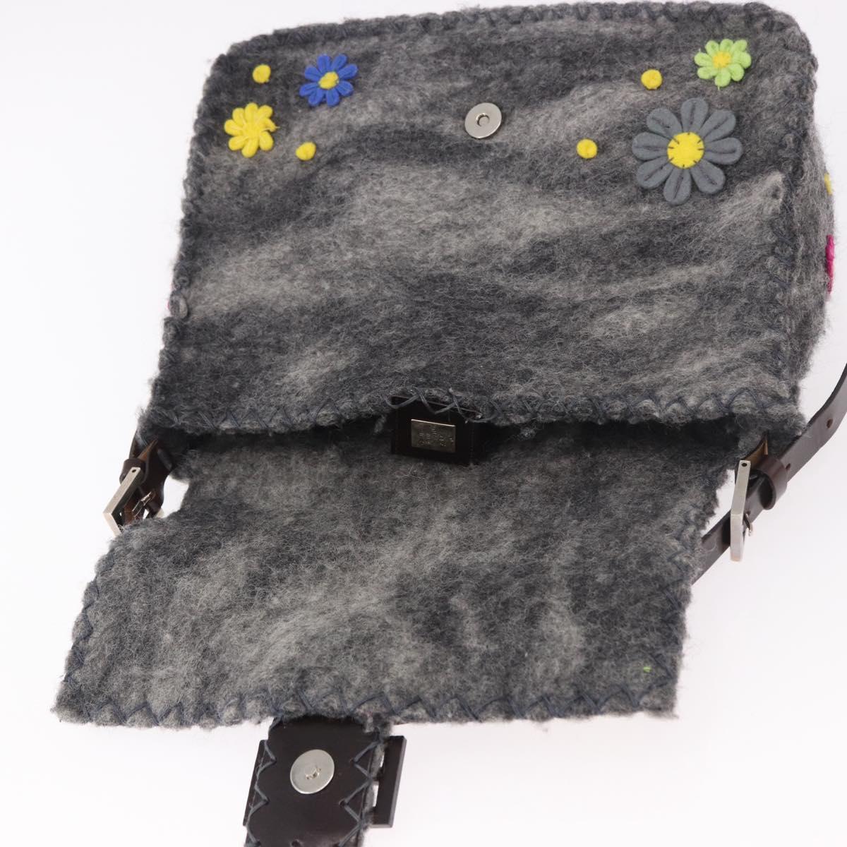 FENDI Floral Mamma Baguette Shoulder Bag Felt Gray Silver Auth 185390SAM