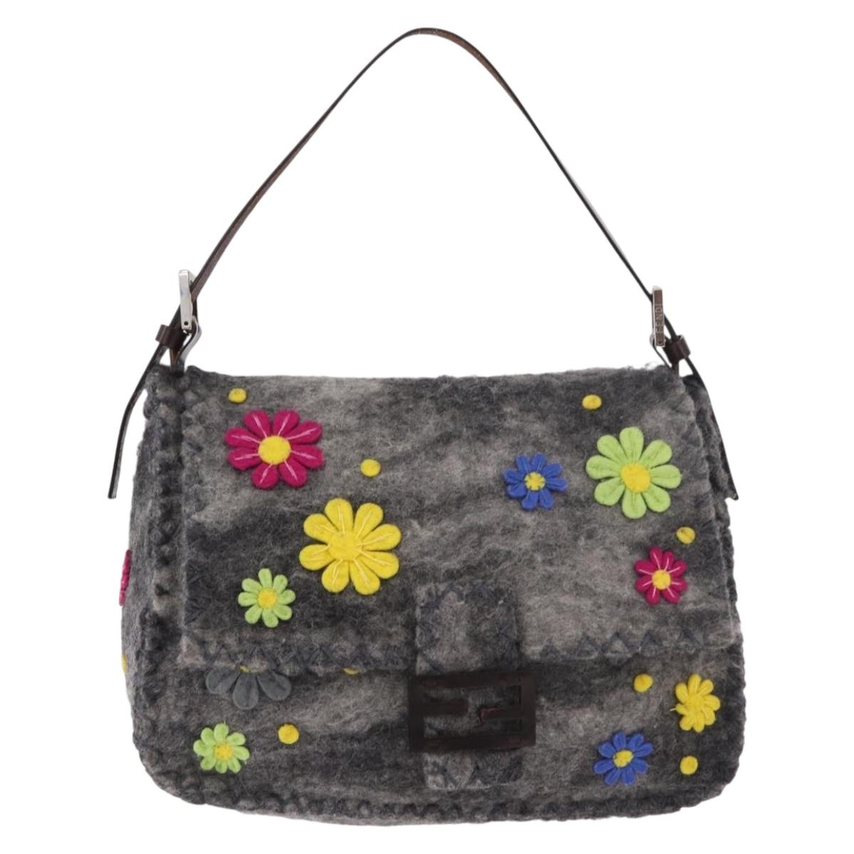 FENDI Floral Mamma Baguette Shoulder Bag Felt Gray Silver Auth 185390SAM