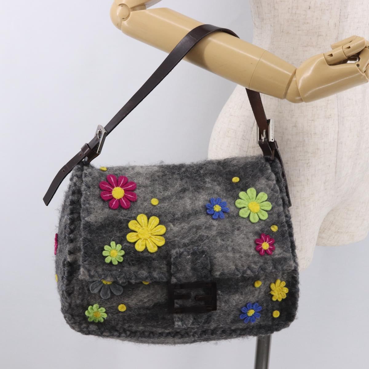 FENDI Floral Mamma Baguette Shoulder Bag Felt Gray Silver Auth 185390SAM