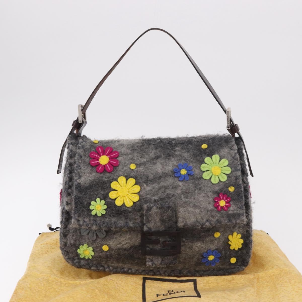 FENDI Floral Mamma Baguette Shoulder Bag Felt Gray Silver Auth 185390SAM